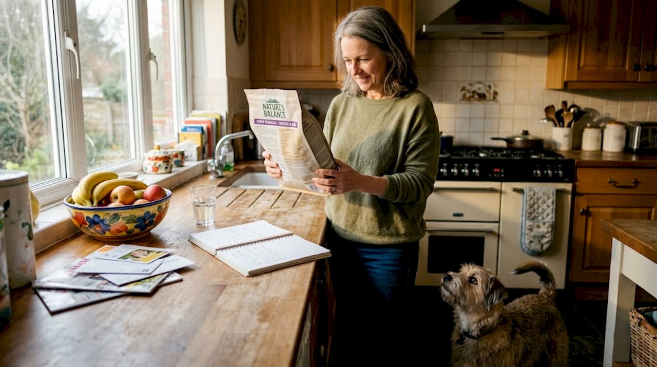 Pet owner reading dog food label in kitchen