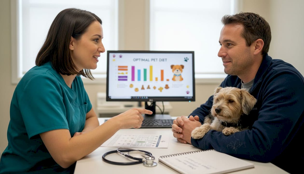 Vet and owner discussing dog food options