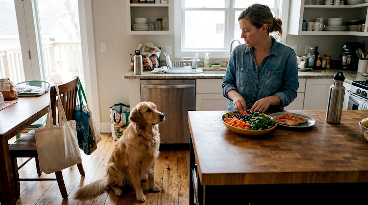 Dog watching superfoods prepared in kitchen