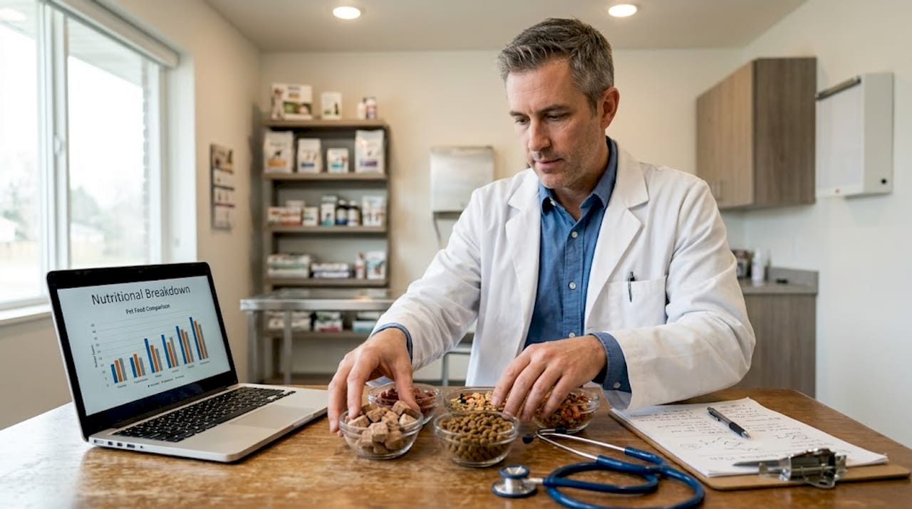 Vet comparing freeze-dried and kibble dog foods