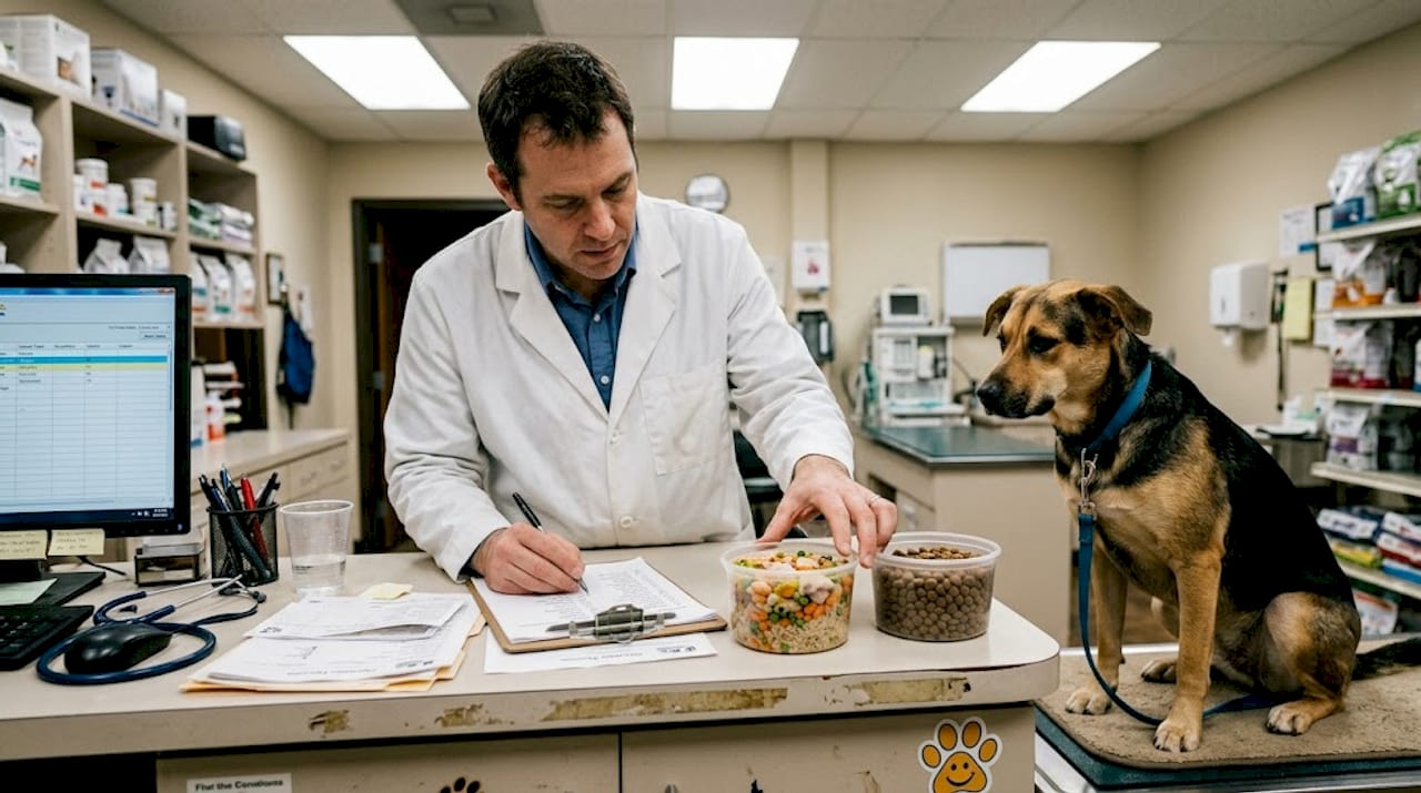Vet comparing fresh and dry dog food