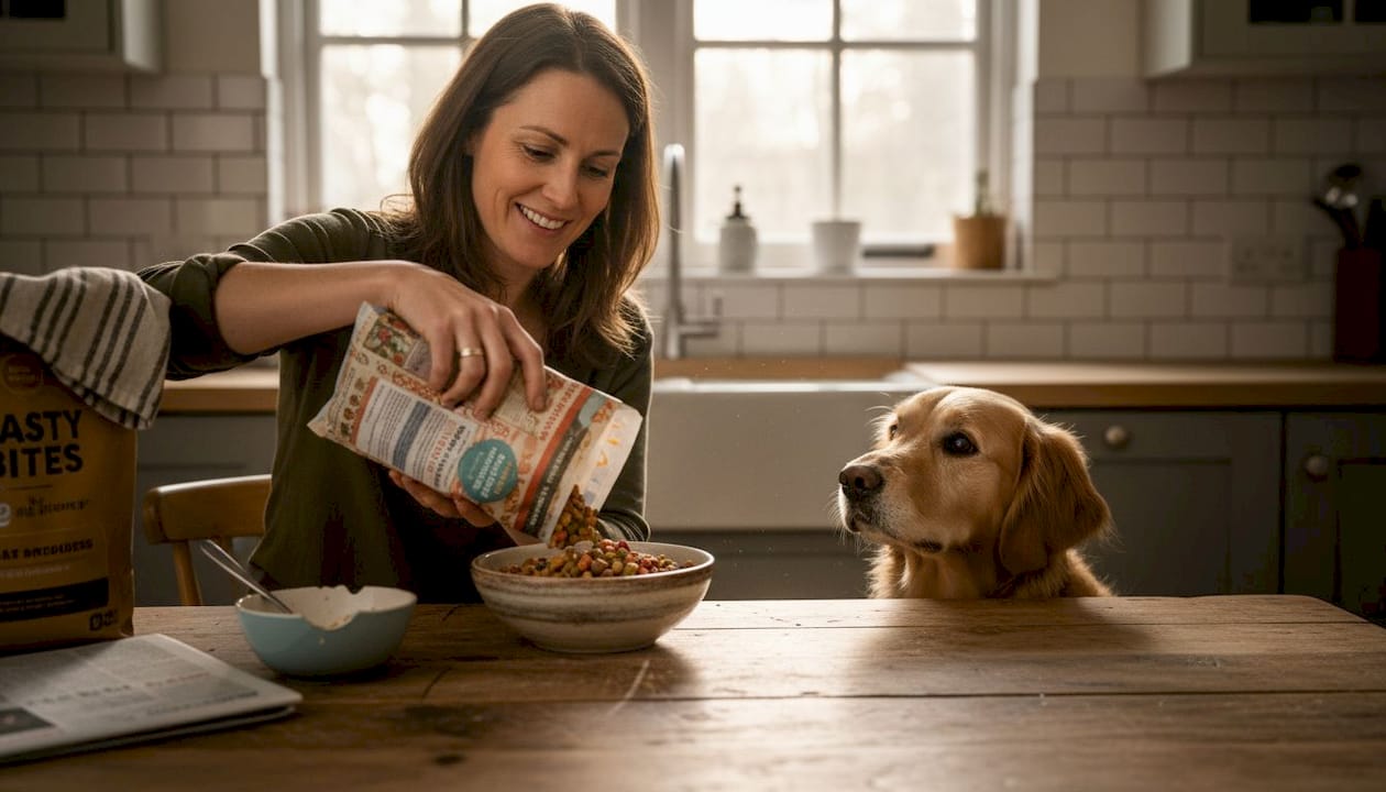 Dog owner serving fresh food in kitchen