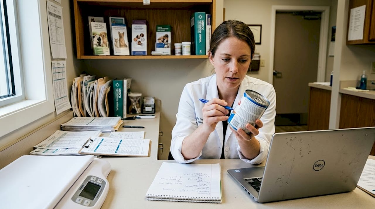 Vet inspects pet food ingredient label
