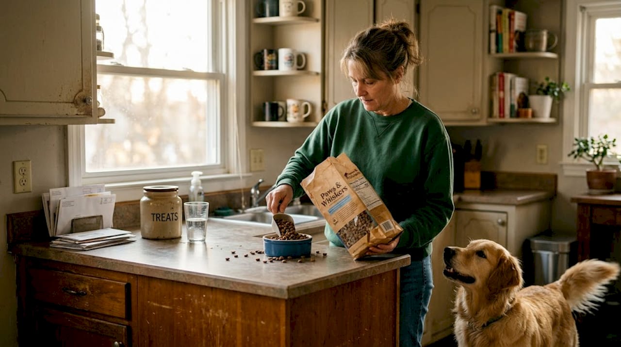 Pet owner feeds dog in casual kitchen
