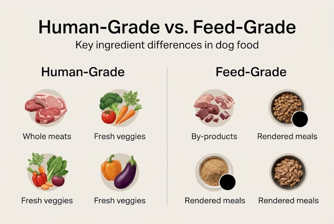 Infographic comparing human-grade and feed-grade ingredients