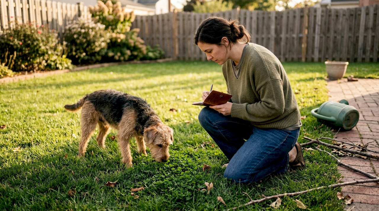 Dog owner observing pet’s stool in yard