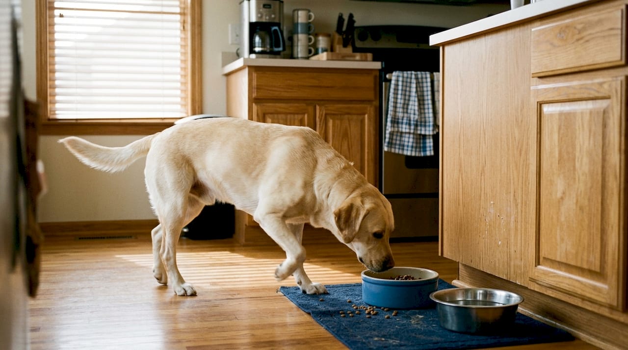 Healthy dog beginning new meal in kitchen