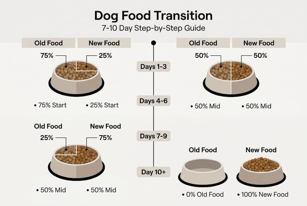 Infographic of staged dog food transition steps