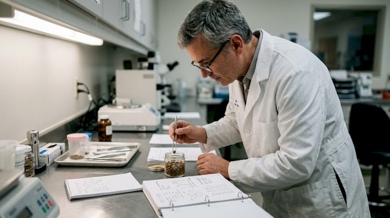 Veterinarian studying pet food safety in laboratory