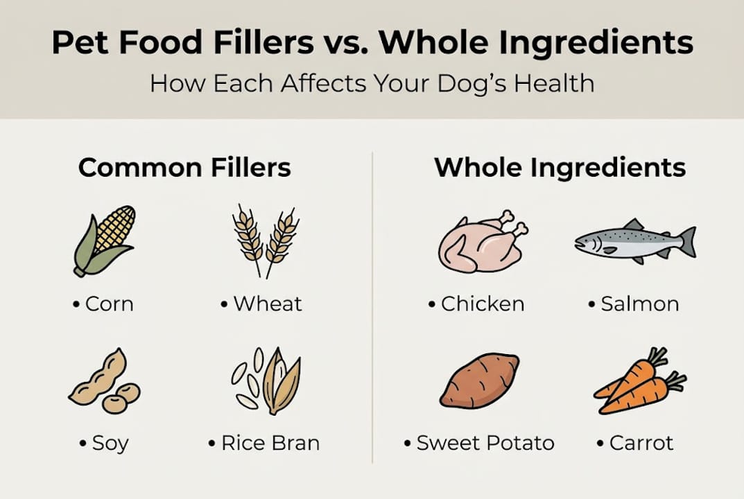 Infographic comparing fillers and whole ingredients in dog food