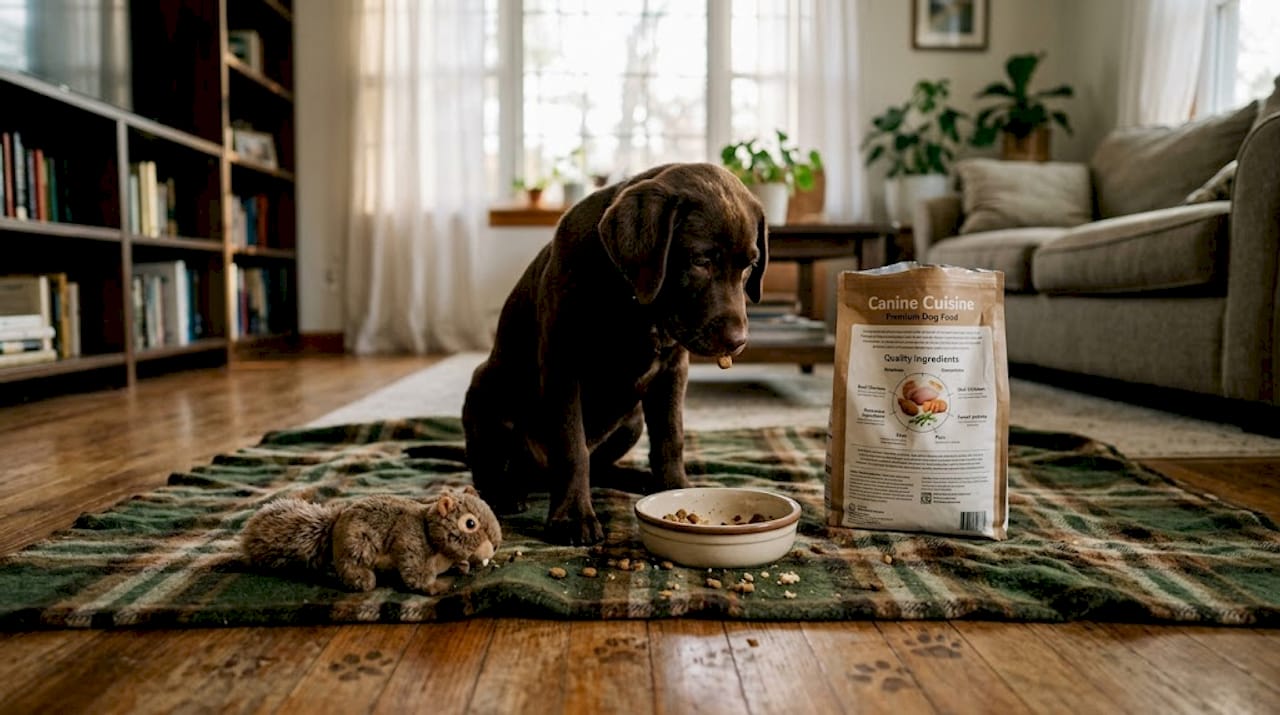 Puppy eating nutrient rich food on blanket
