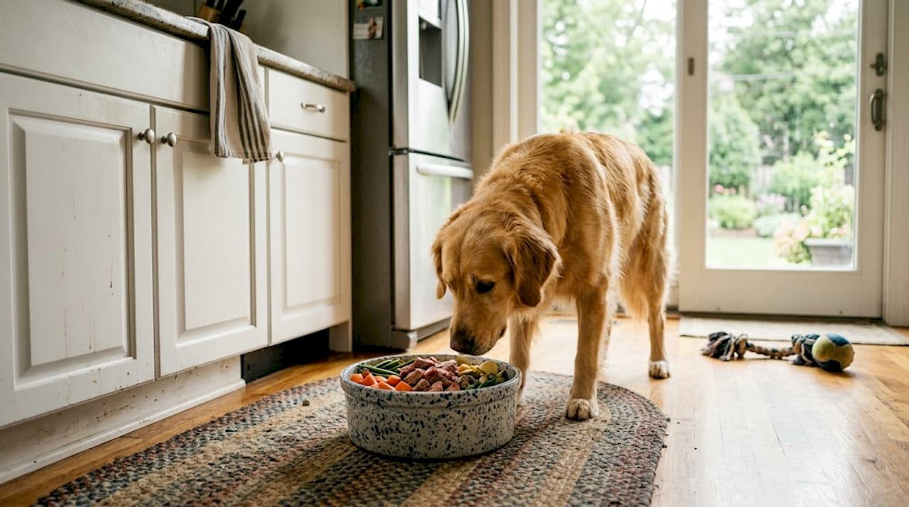 Dog excitedly eating healthy pet food in kitchen