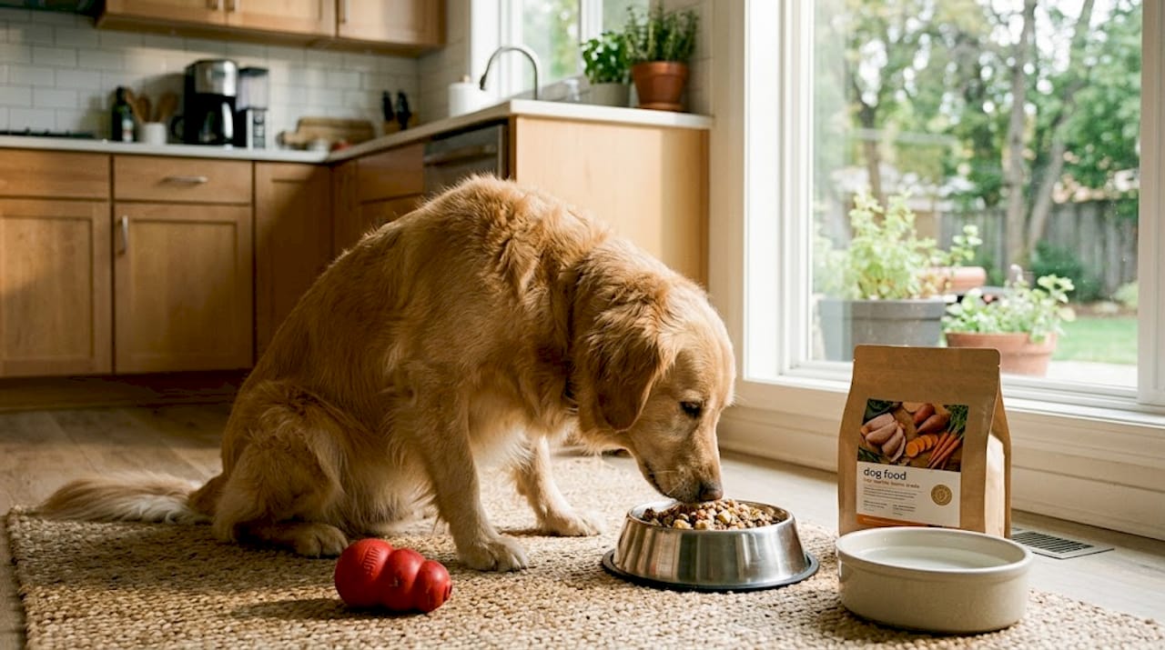 Golden retriever eating healthy dog food in kitchen