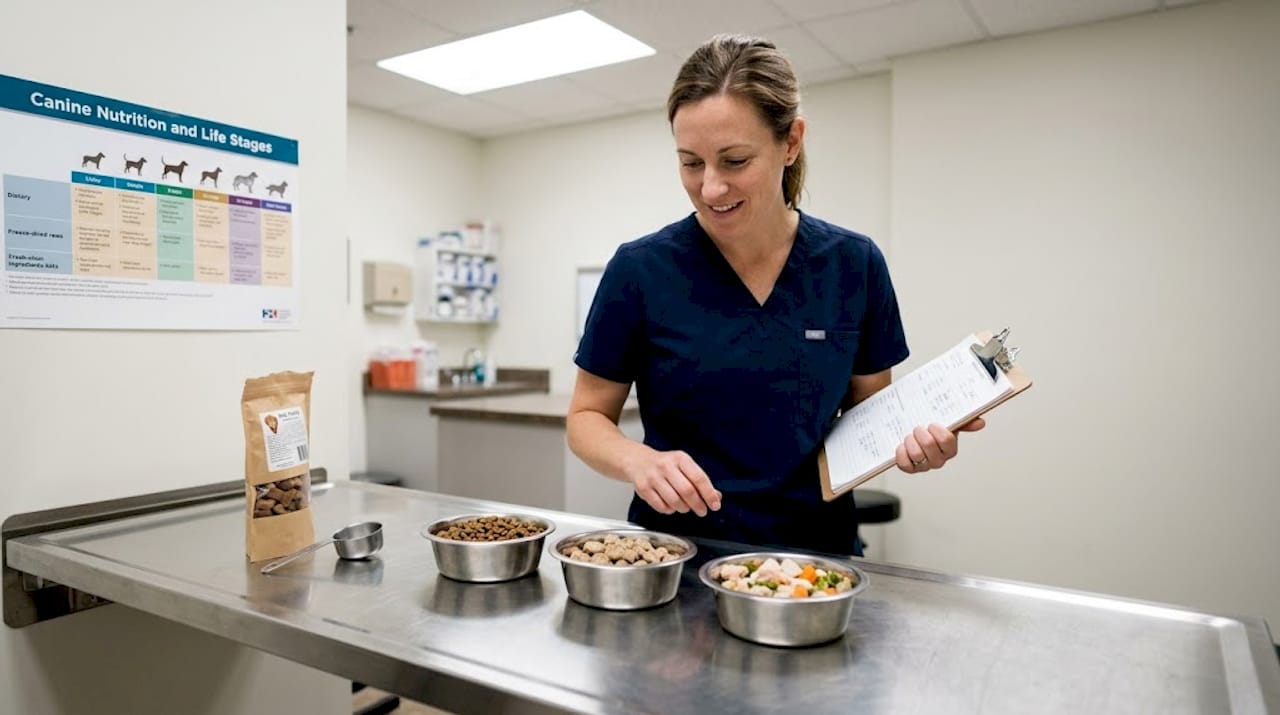 Vet comparing types of dog food on table