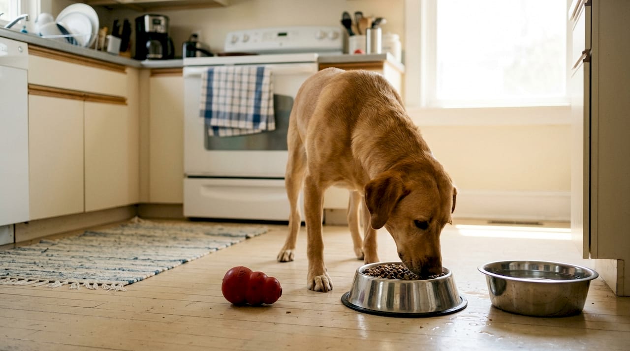Dog eating kibble in sunlit kitchen