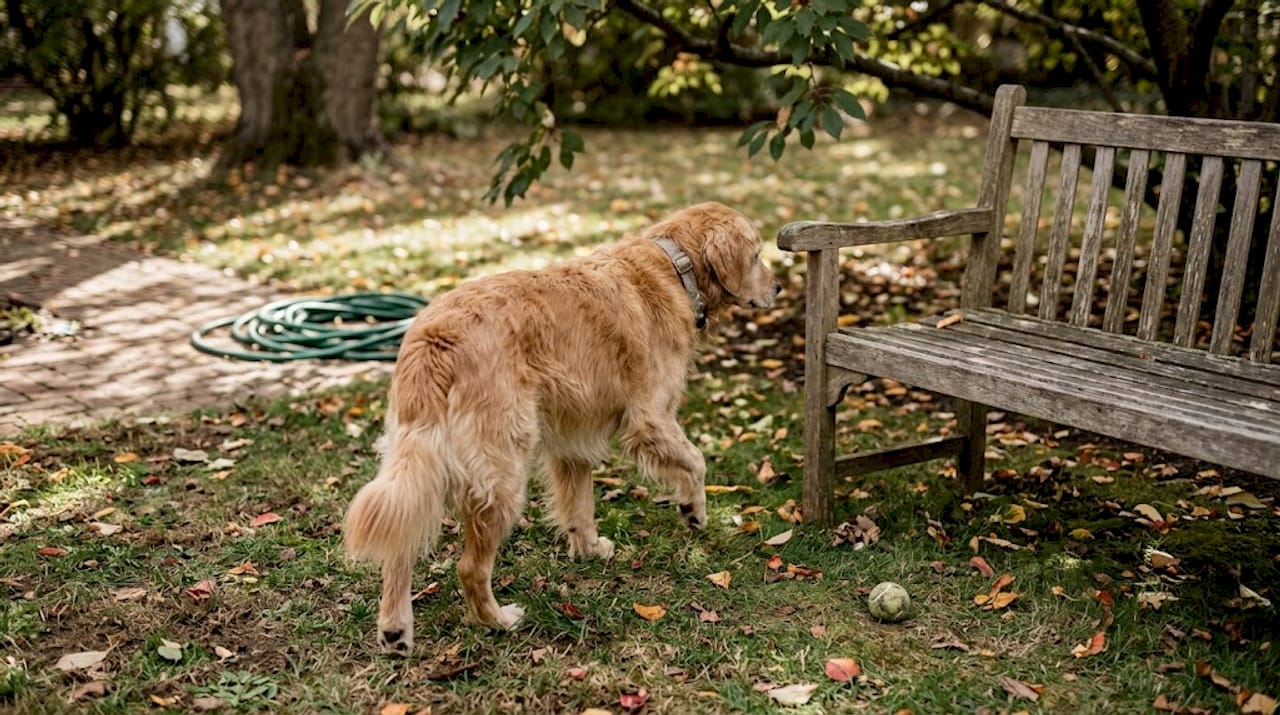Golden retriever walking in autumn backyard