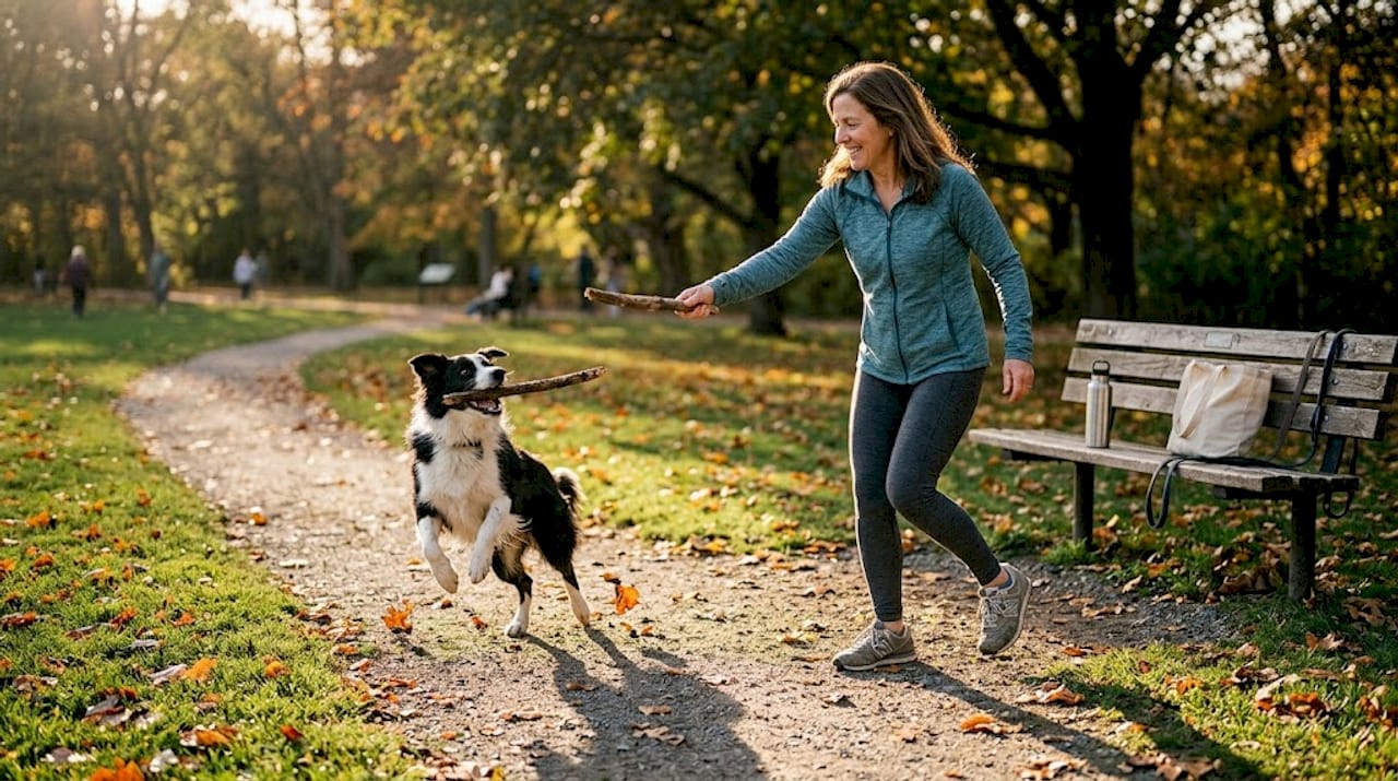 Dog and owner playing in local park