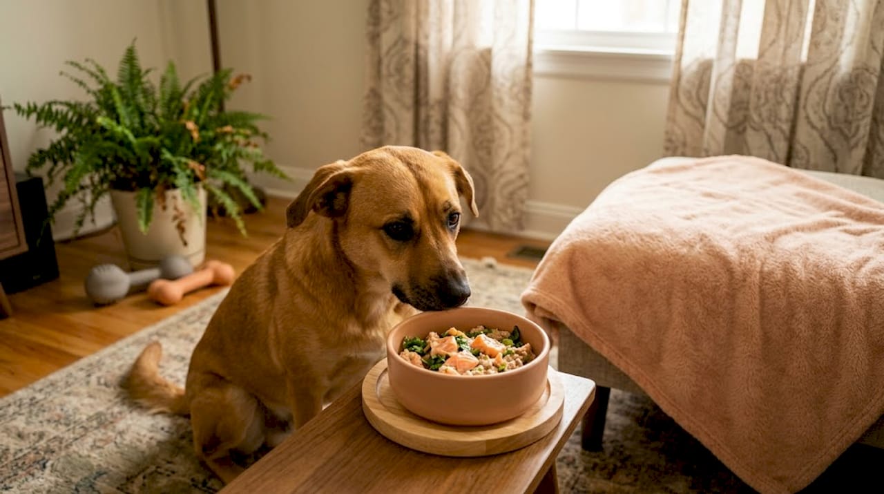 Shelter dog sniffing healthy meal in living room