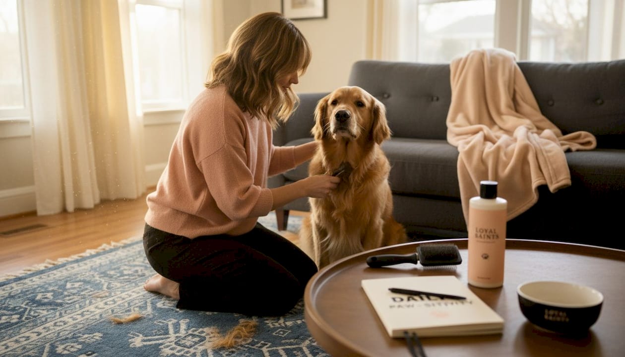 Owner brushing dog in sunny living room