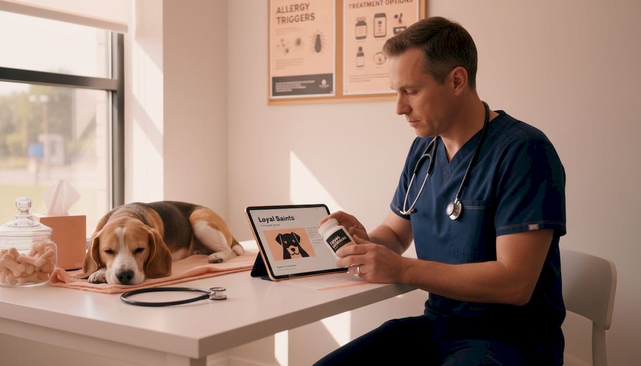 Vet reviewing medication as dog rests nearby