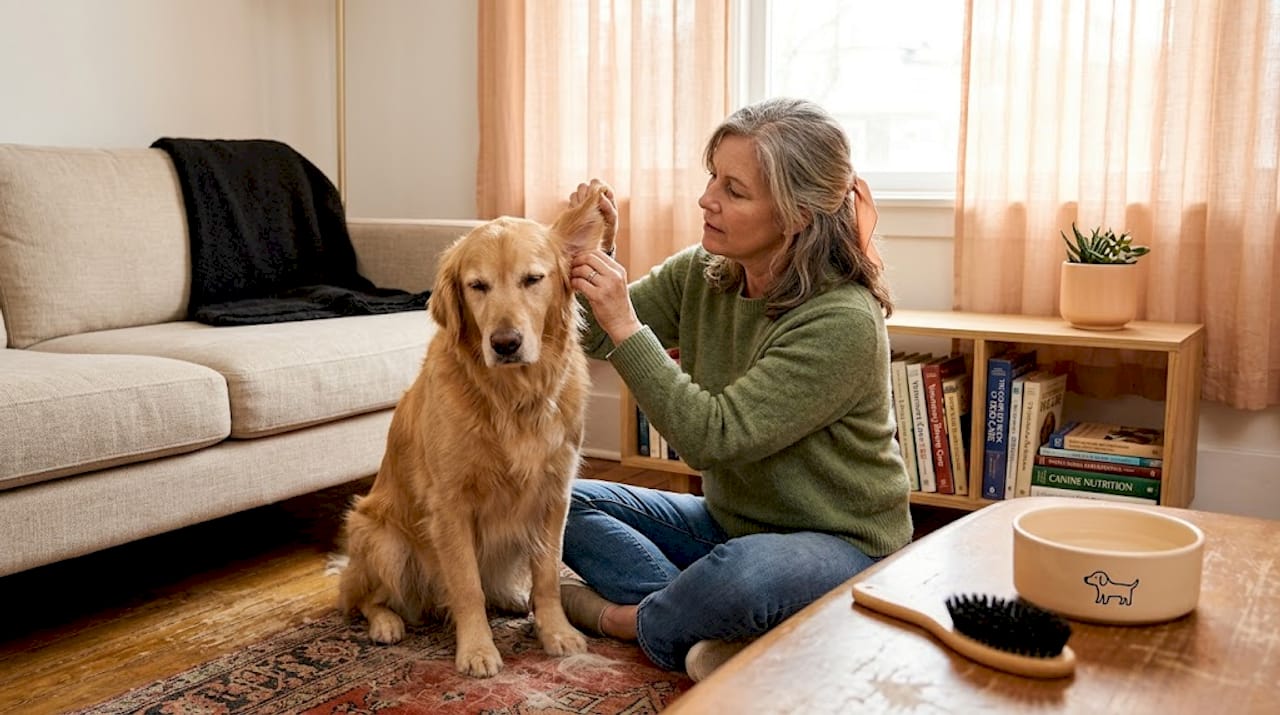 Woman checking dog's ears for allergies