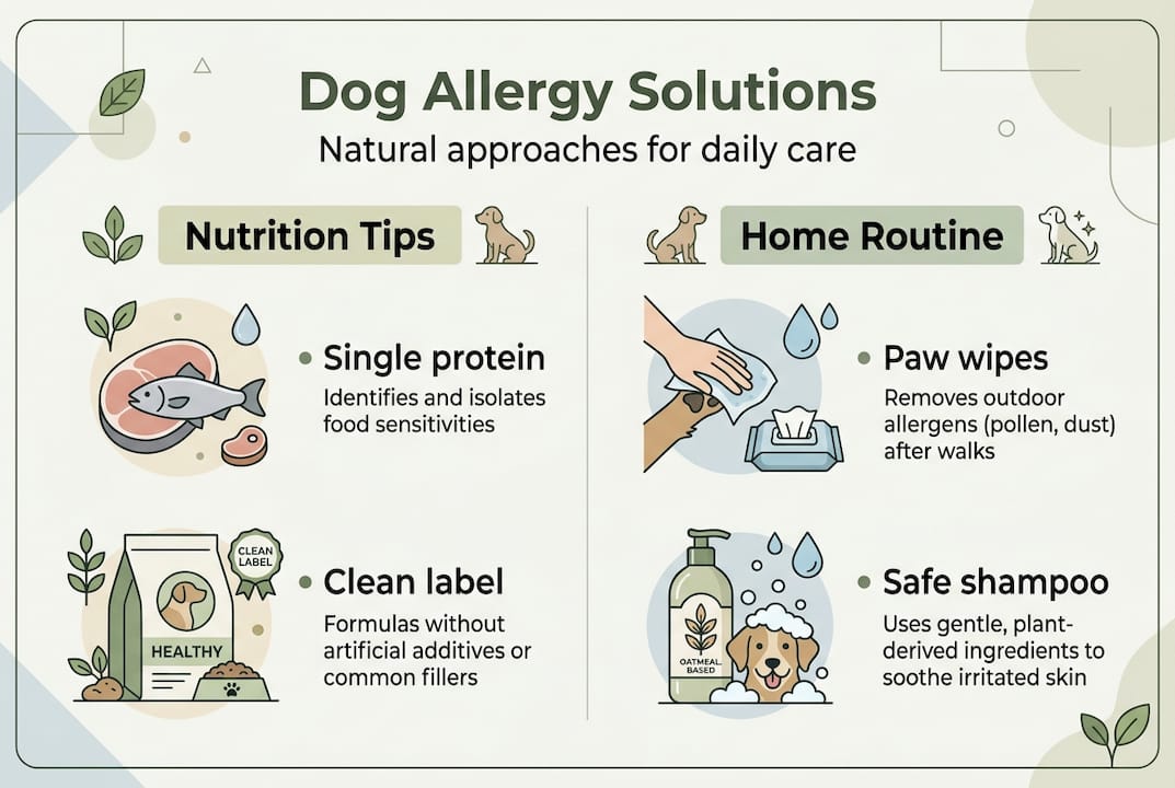 Infographic showing natural allergy solutions for dogs