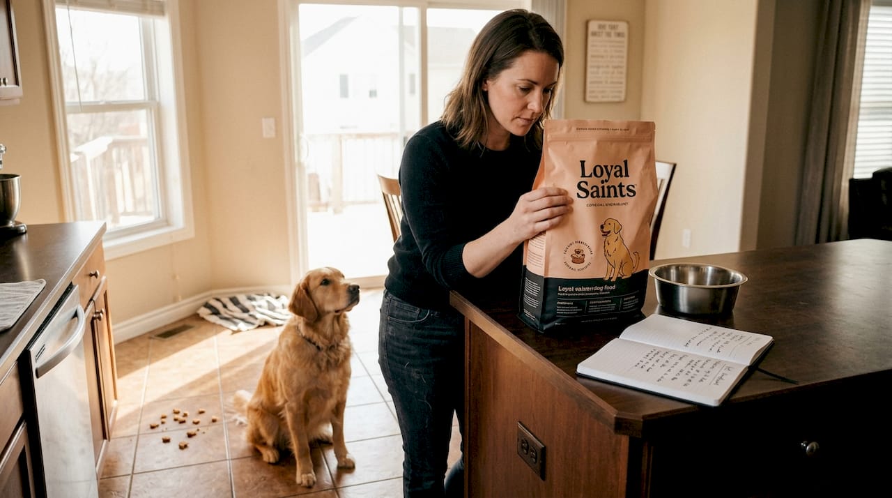 Dog owner inspects food label for allergies