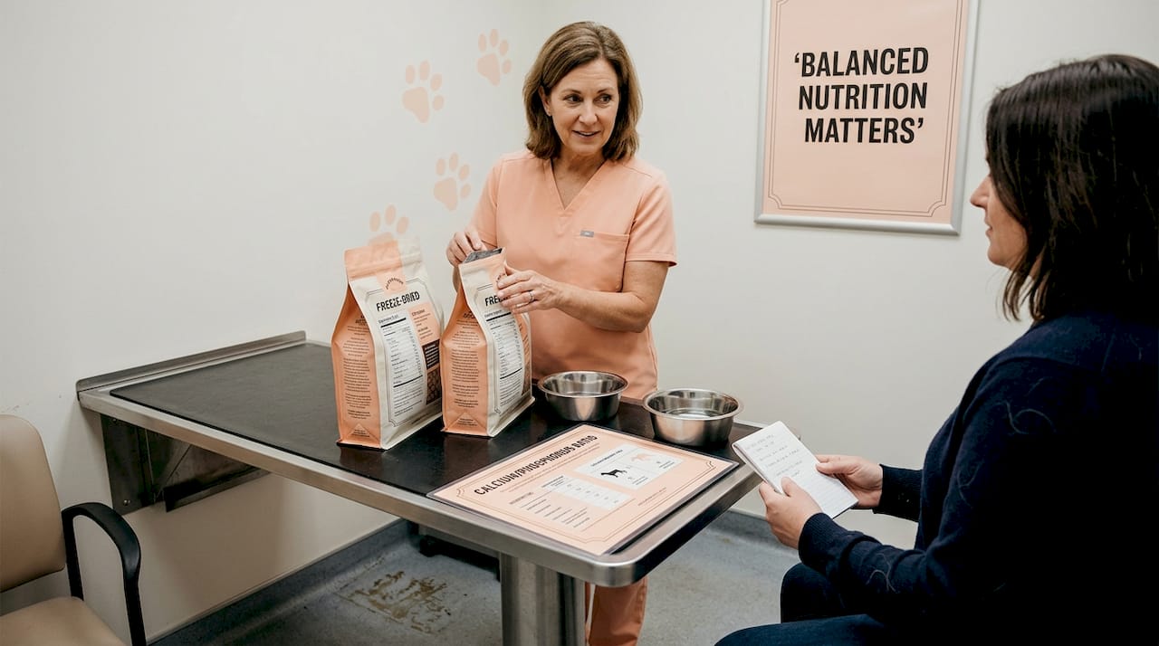 Veterinarian comparing freeze-dried dog foods