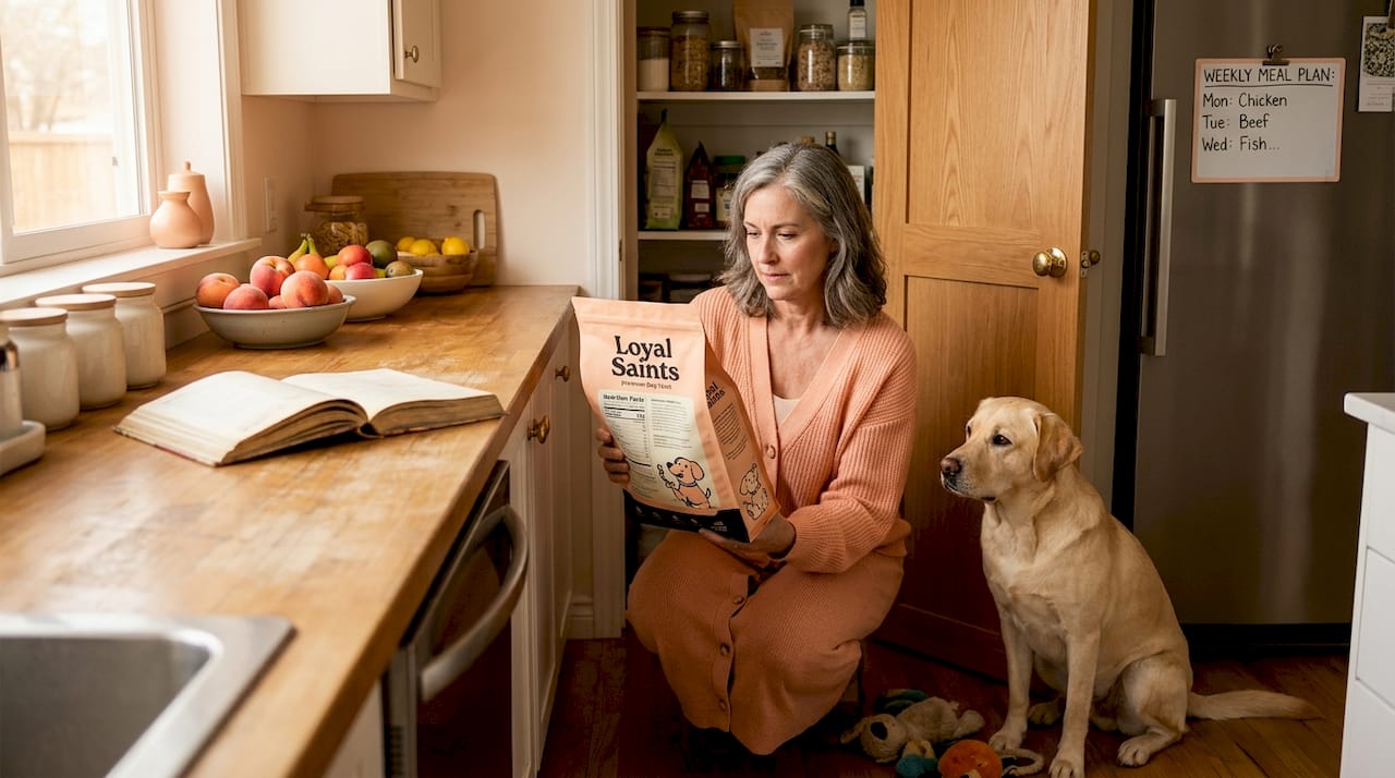 Woman evaluating dog food in home kitchen