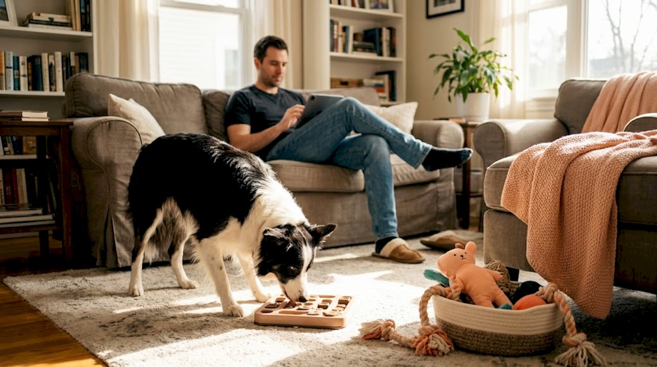 Dog playing with enrichment toy in bright living room