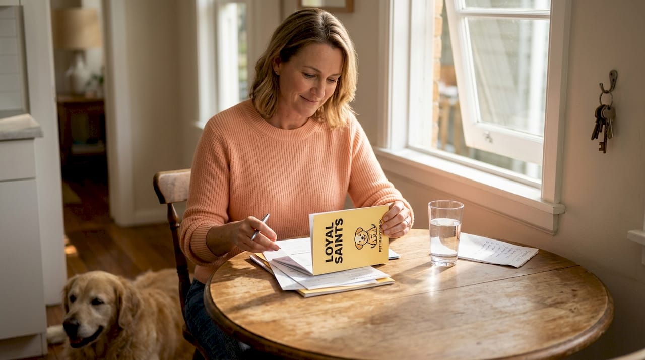 Owner reviewing dog’s health records at kitchen table