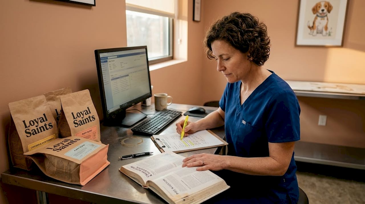 Vet checking shelter dog's diet records and samples