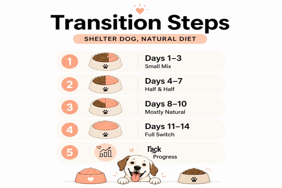 Infographic showing step-by-step diet transition for shelter dogs