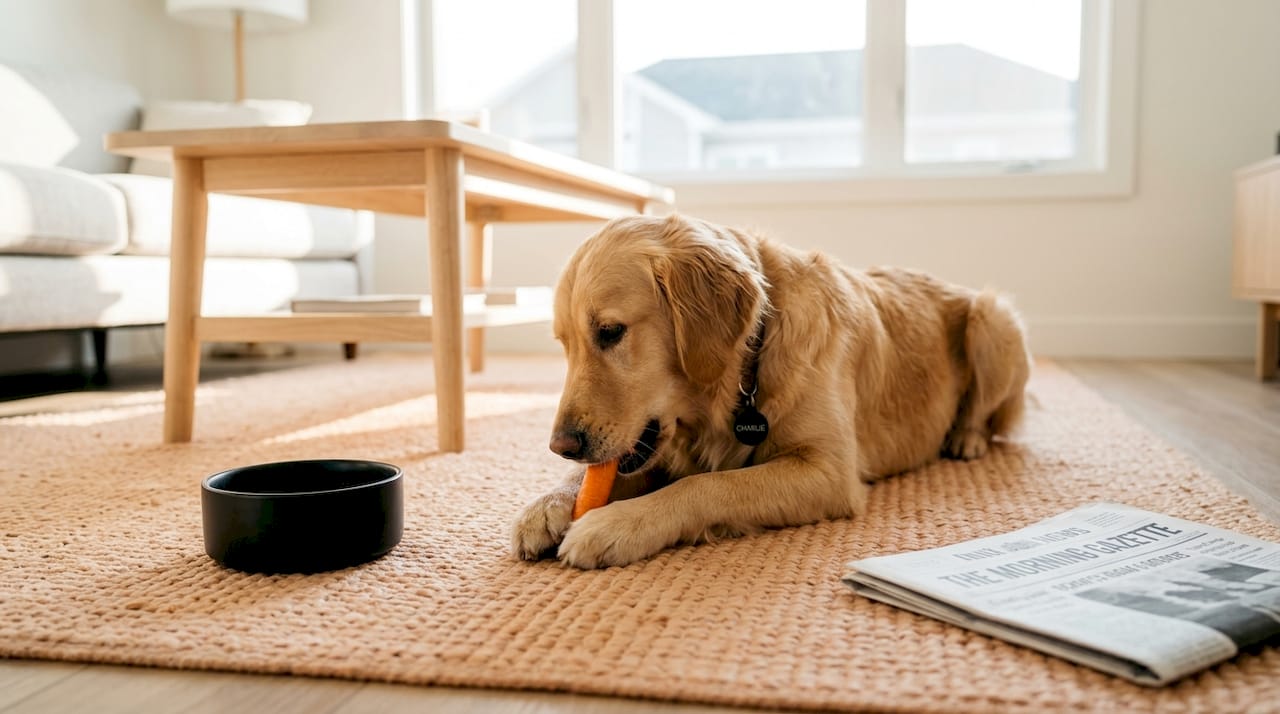 Dog enjoying healthy snack in sunlight