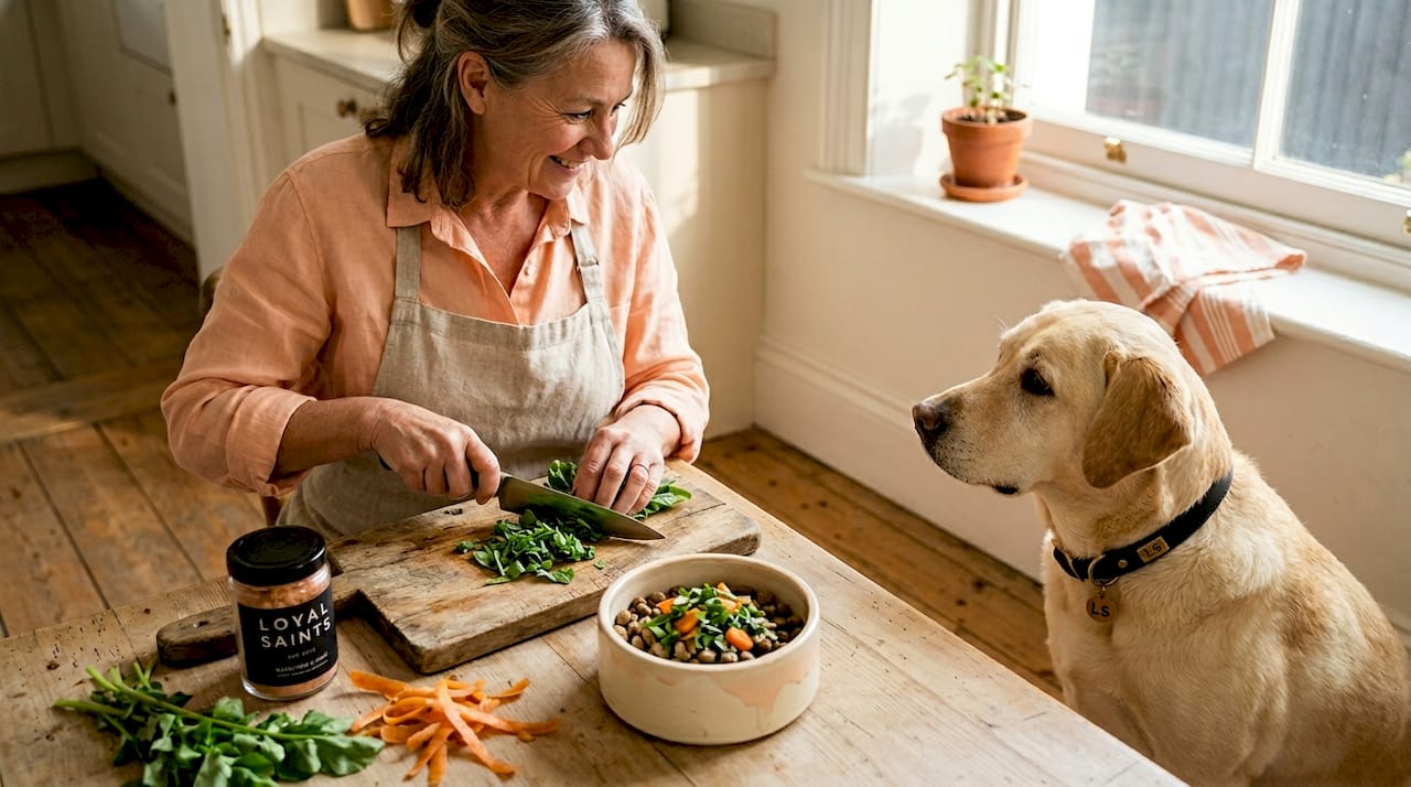 Older dog waiting for healthy meal prep