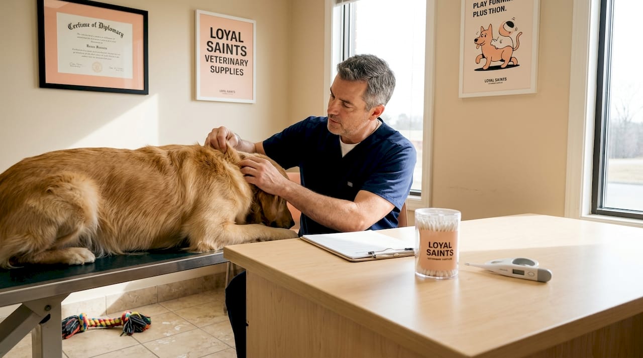 Vet examining dog for skin allergies