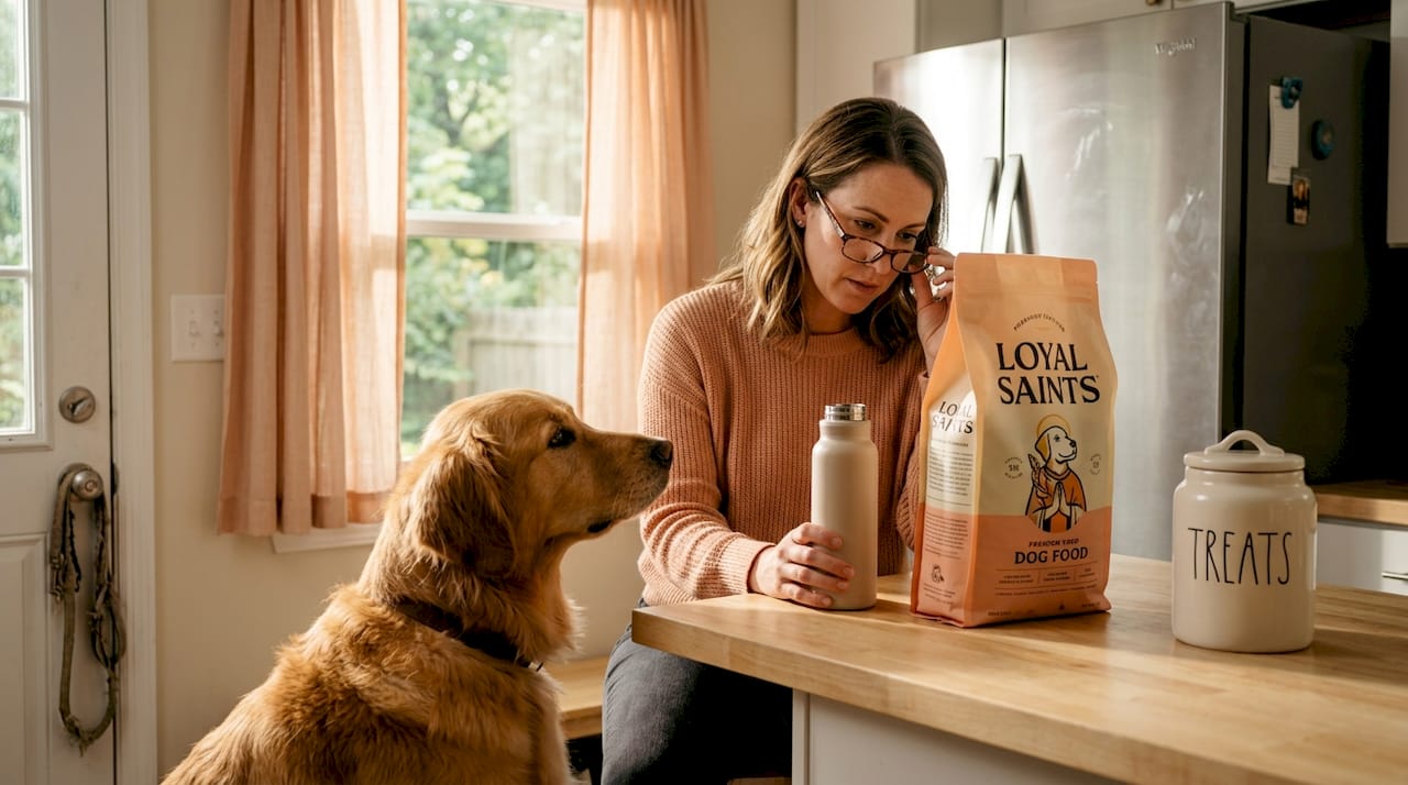 Dog owner reading dog food label in kitchen