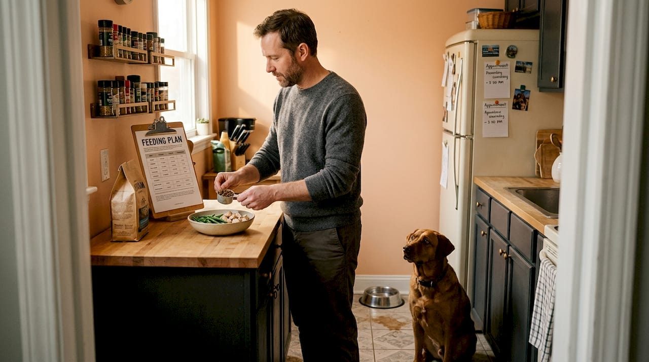 Dog owner preparing healthy homemade meal