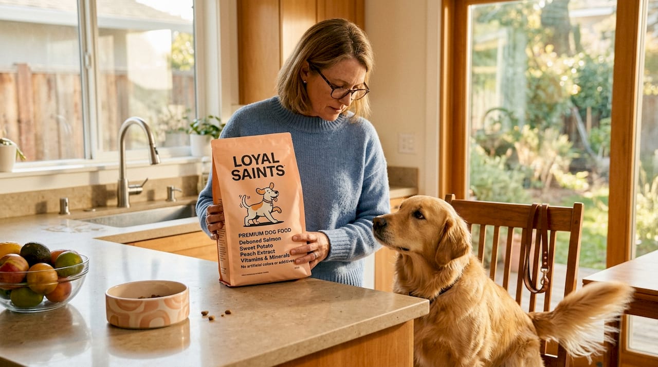Dog owner checks dog food label in kitchen