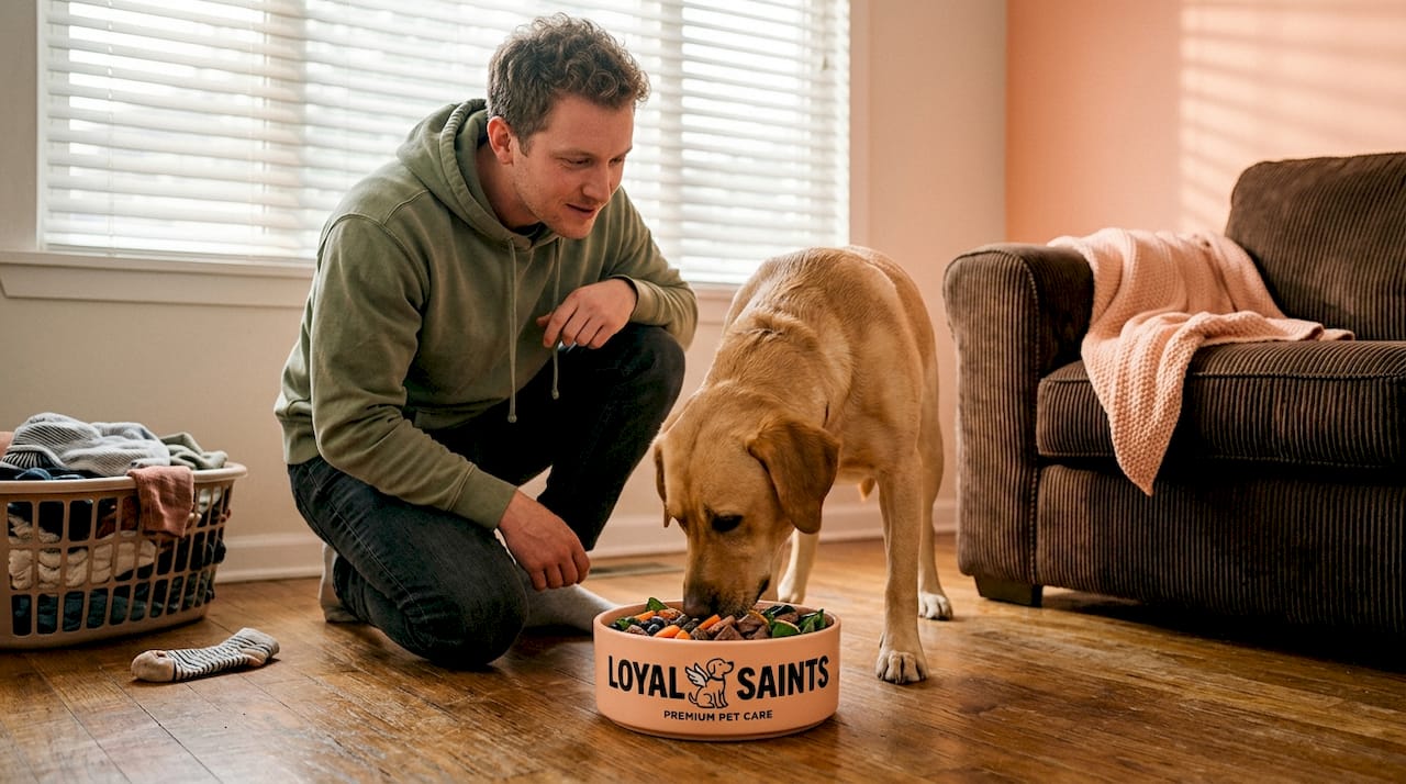 Dog eating whole ingredients meal at home