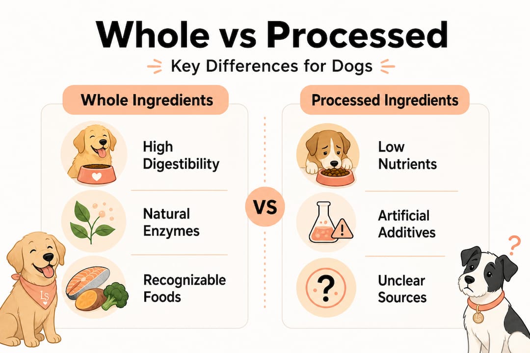 Infographic comparing whole and processed dog food ingredients