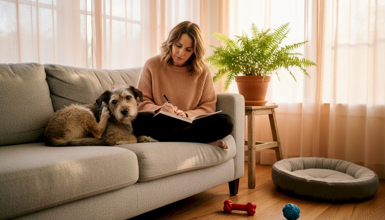 Dog scratching on living room couch with owner