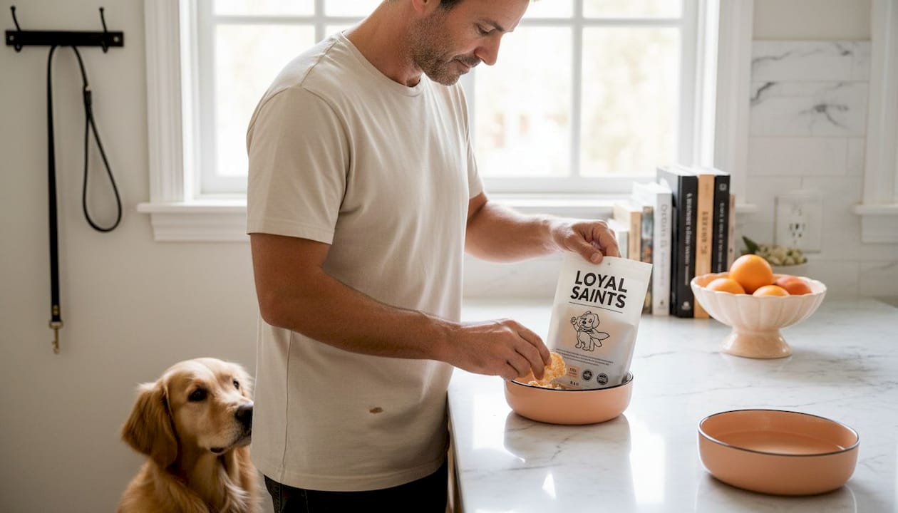 Dog owner preparing elimination diet meal