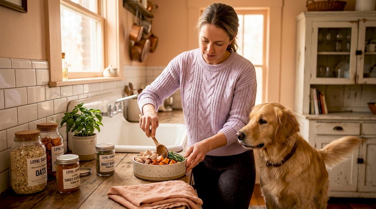 Preparing whole ingredient dog food in kitchen