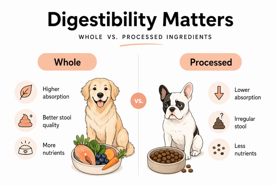 Infographic comparing whole versus processed dog food