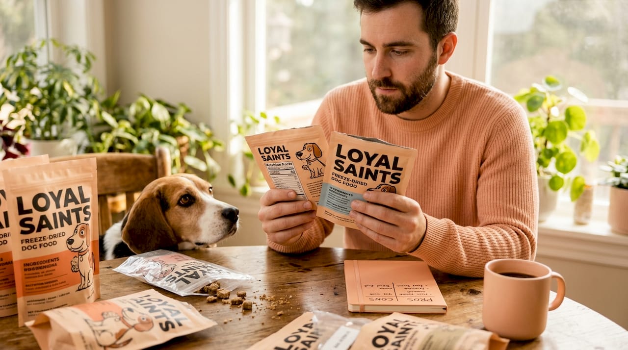 Man comparing freeze-dried dog food options