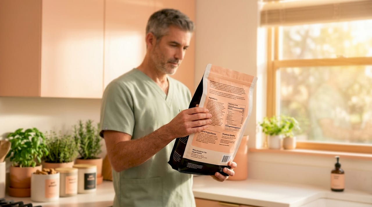 Veterinarian reading pet food label closely