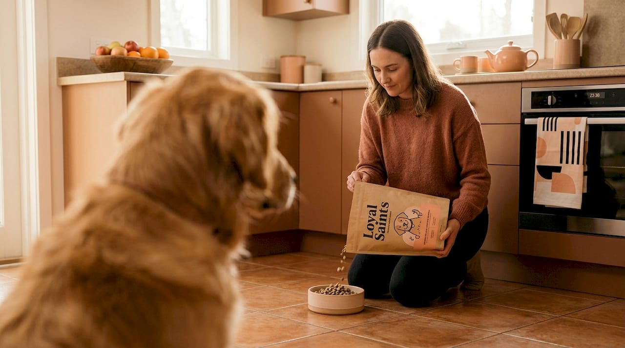 Dog owner preparing freeze dried dog food meal