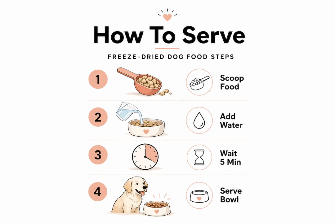 Infographic showing freeze dried dog food feeding steps
