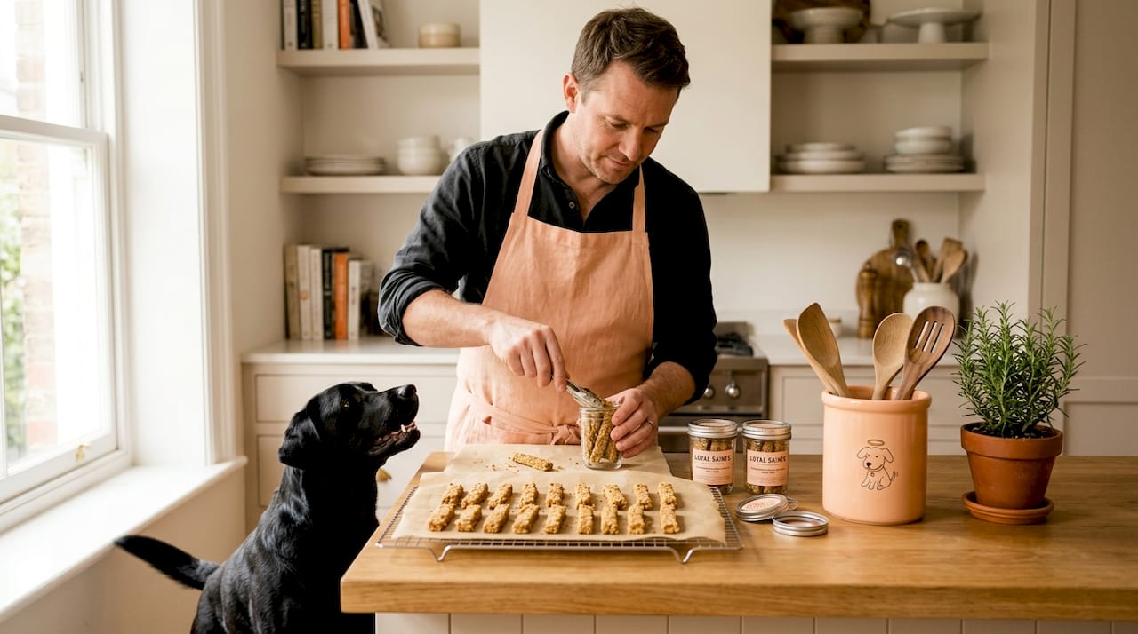 Man portions homemade treats for dog
